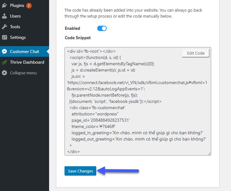 Hướng dẫn cách tích hợp Facebook chat vào website Wordpress (7)