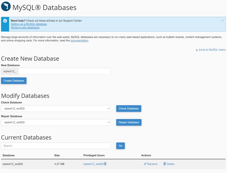 Nhấp vào MySQL Databases