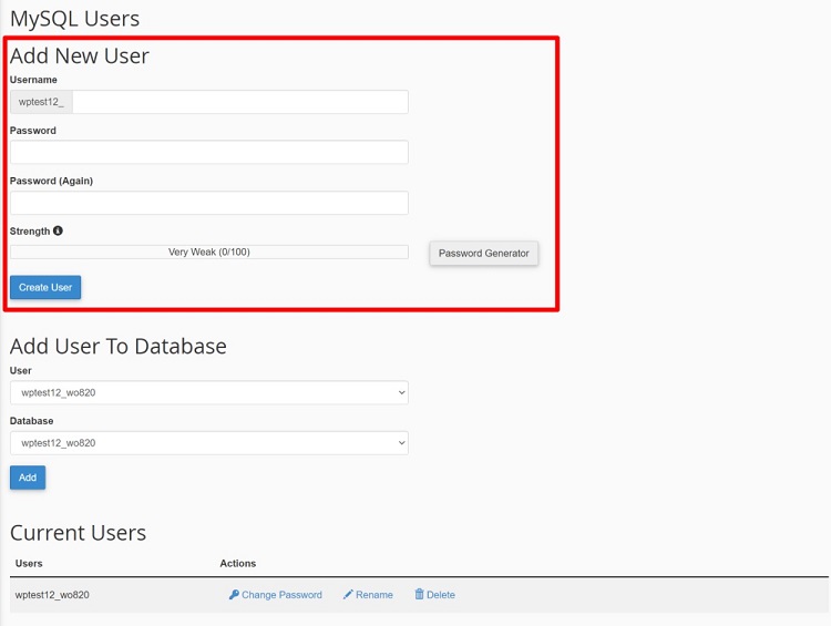 cuộn xuống phần MySQL Users