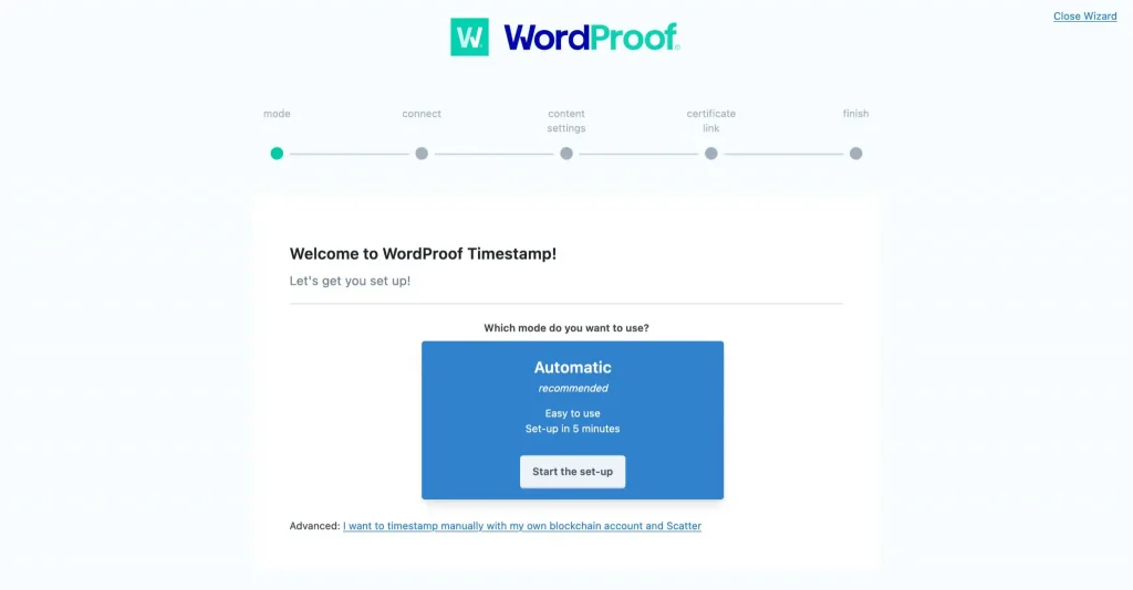 Chạy trình hướng dẫn thiết lập WordProof và đăng ký tài khoản WordProof