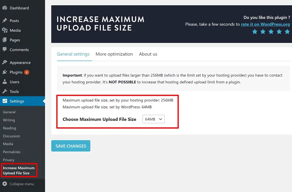 Sử dụng Plugin miễn phí “Increase Maximum Upload File Size”