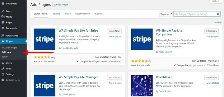 Cách cài đặt Plugin WP Simple Pay Lite for Stripe