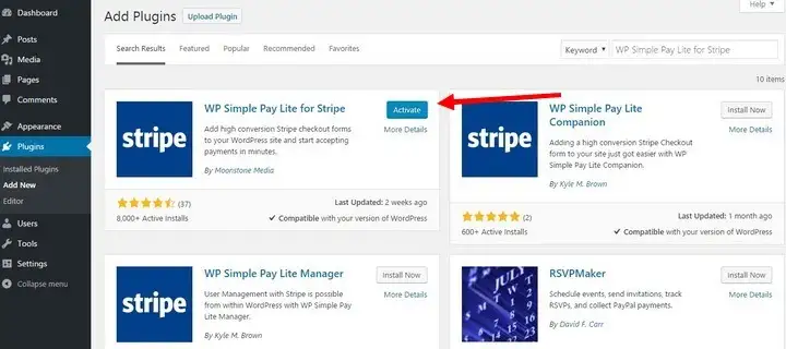 Cách cài đặt Plugin WP Simple Pay Lite for Stripe